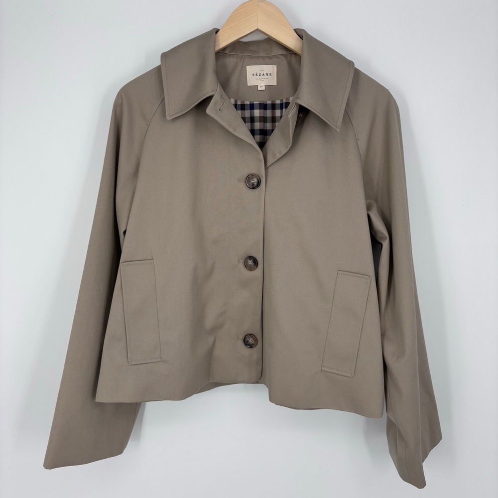 Sezane Bobby Jacket Beige Cropped Trench Plaid Lined Button Front Sz 2 (Tag 34)